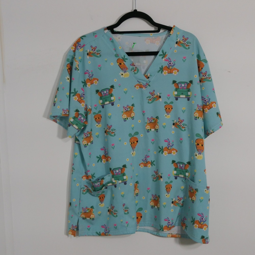 GT Performance Womens Scrub‎ Top 2X Blue Bunny Carrot Whimsical Pediatric Nurses